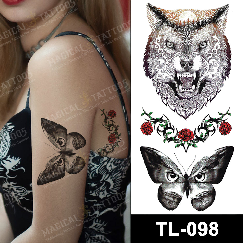 Wolf, Roses, Butterfly and Owl